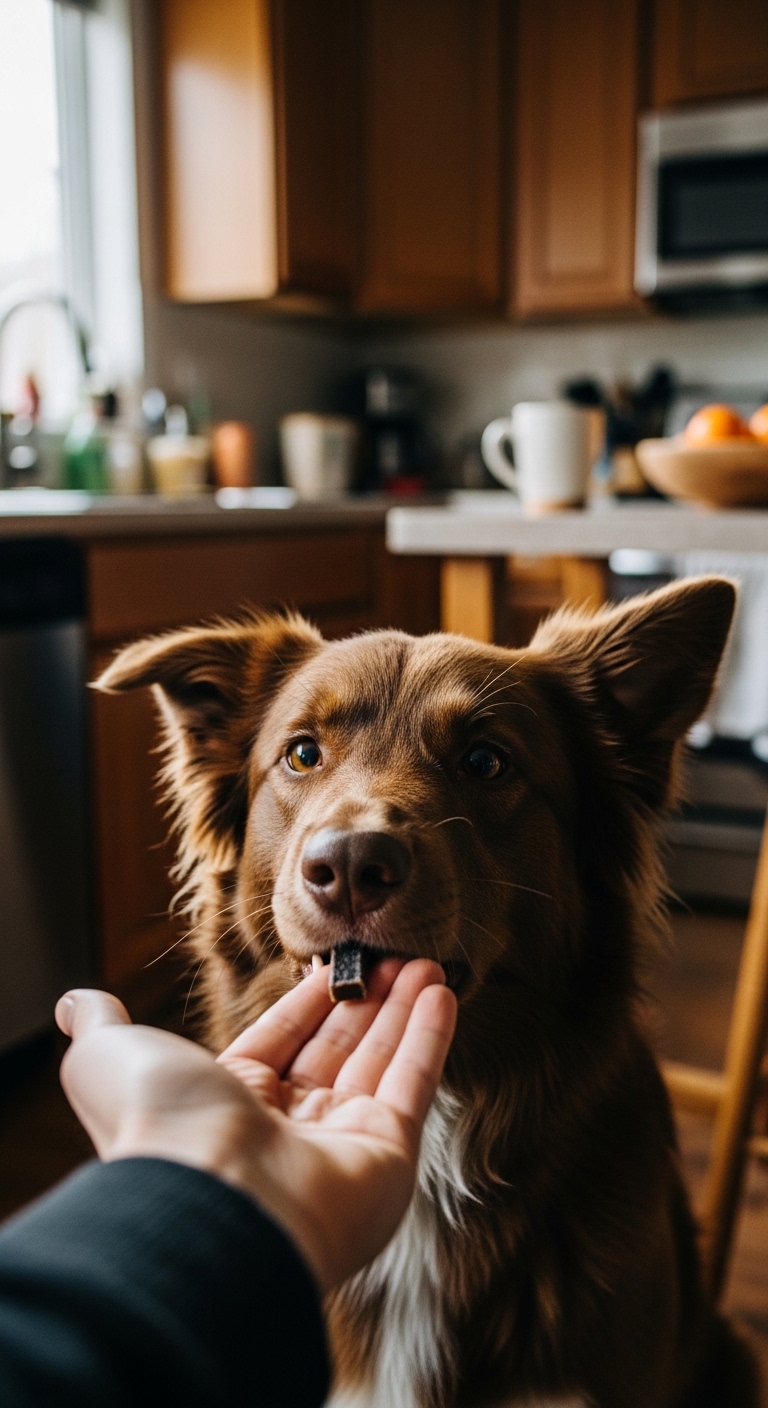 A dog is eating a black pepper.