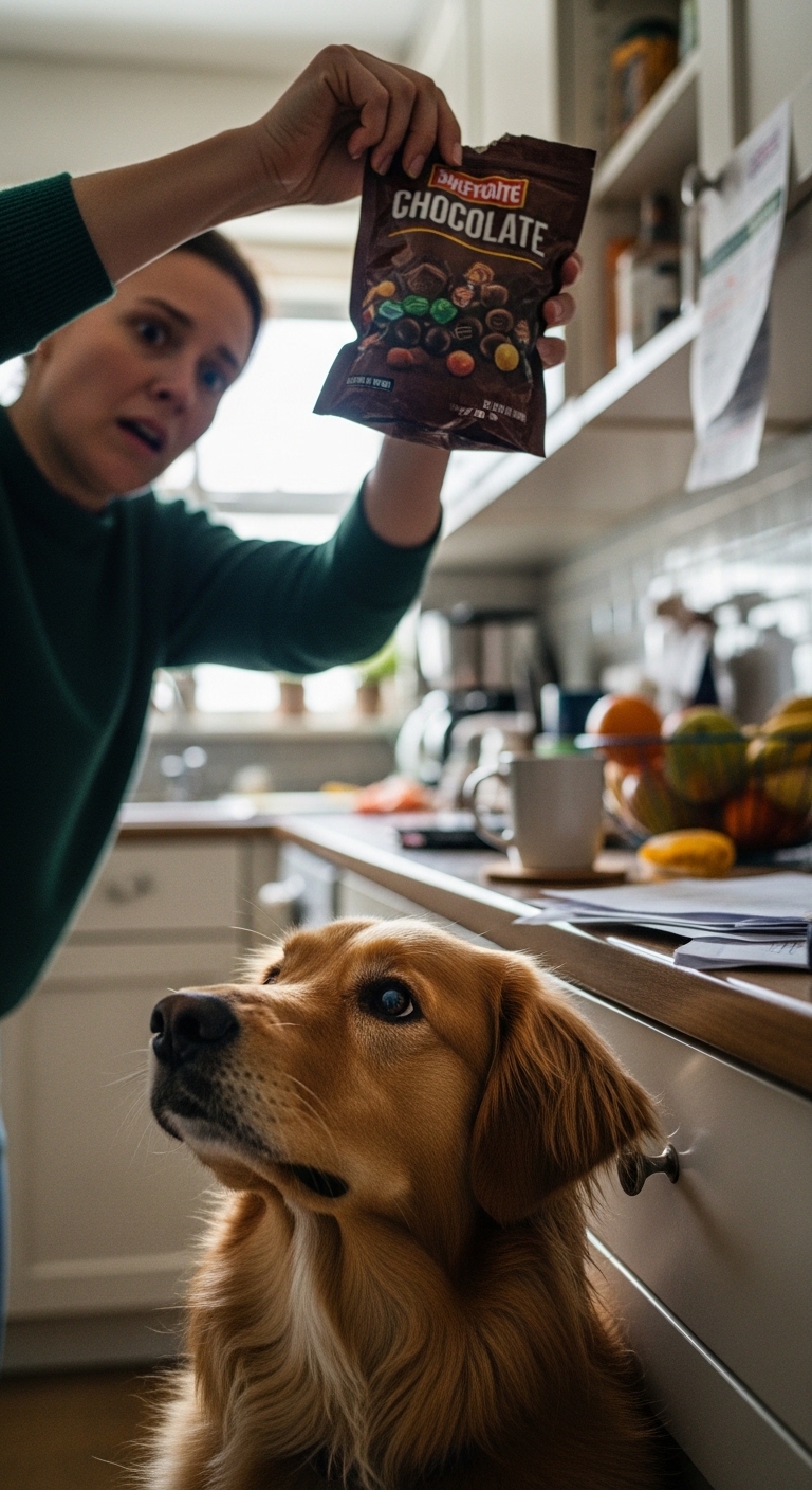 A woman holding a bag of chocolate chips in front of a dog.
