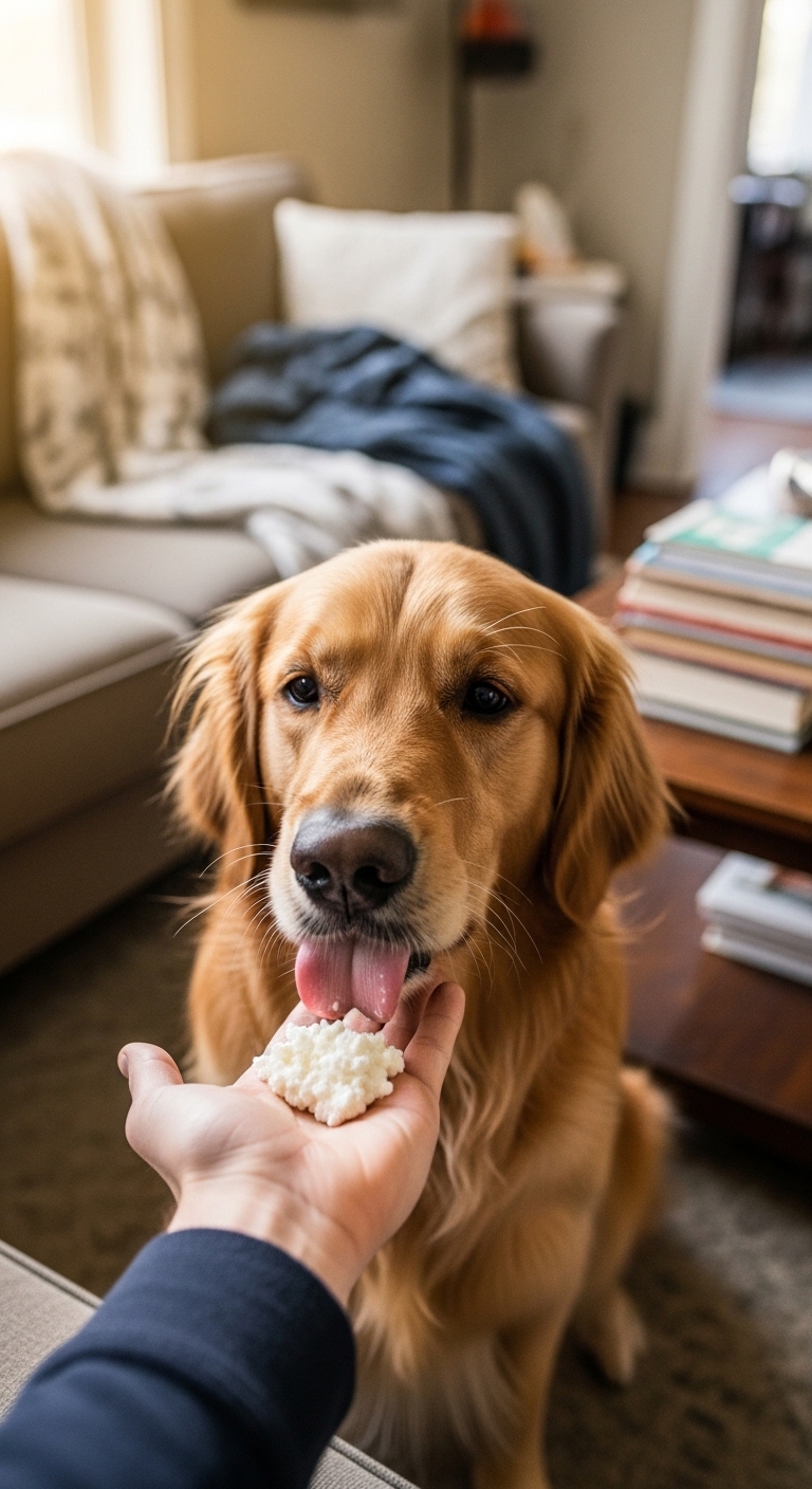 A dog eating a piece of cottage cheese.