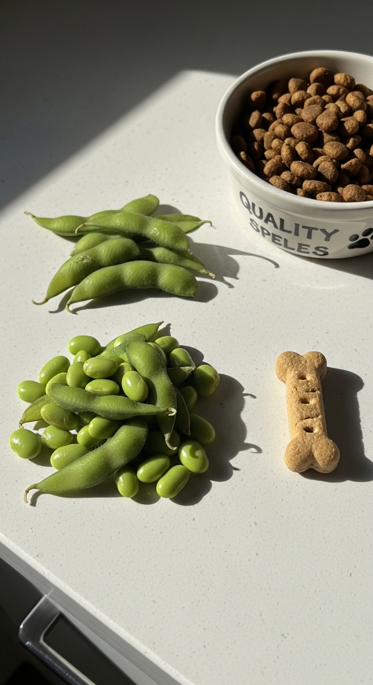 A bowl of dog food sits next to a bowl of green beans.