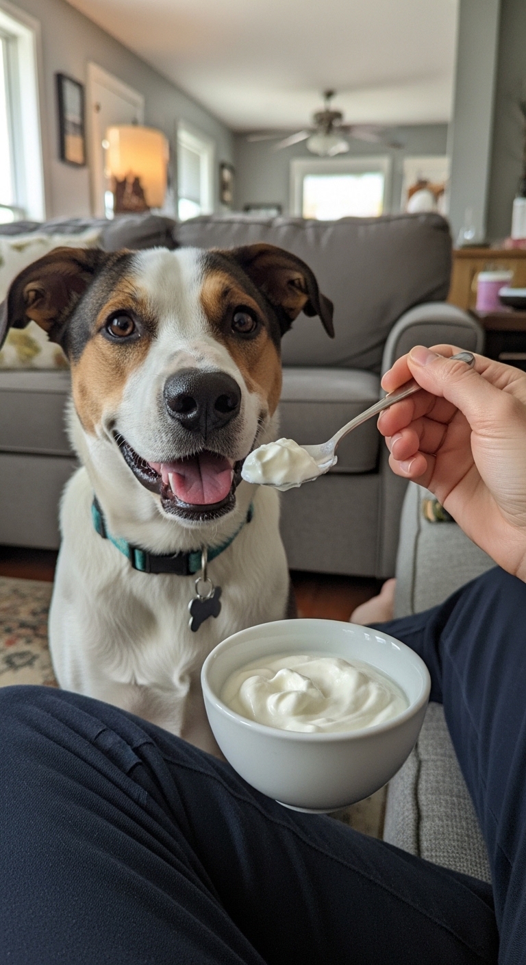 A dog is eating yogurt from a bowl.
