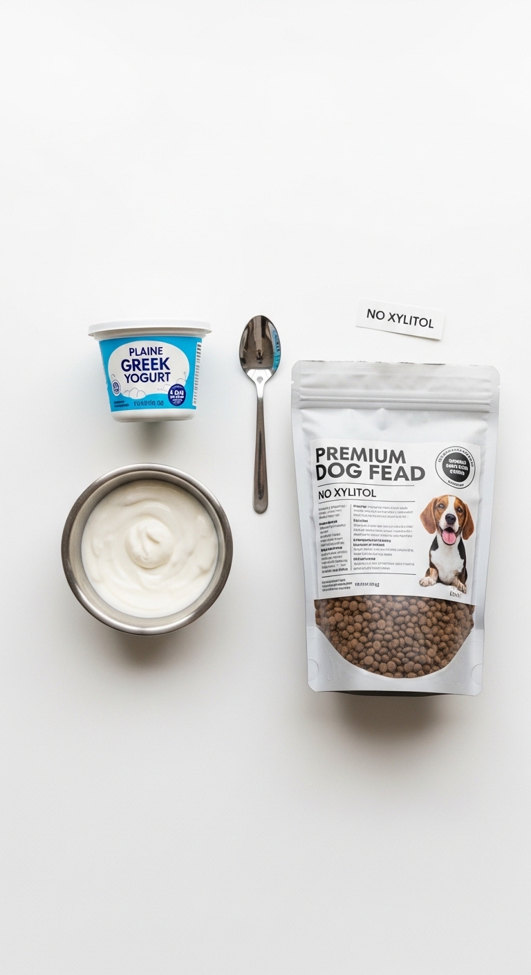 A bag of dog food sits next to a container of Greek yogurt.