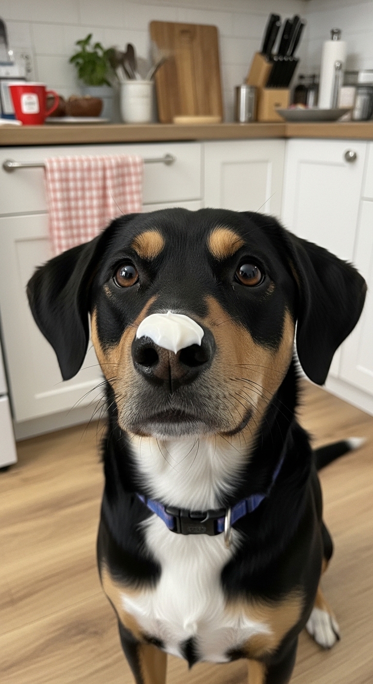 A dog with a yogurt on its nose.