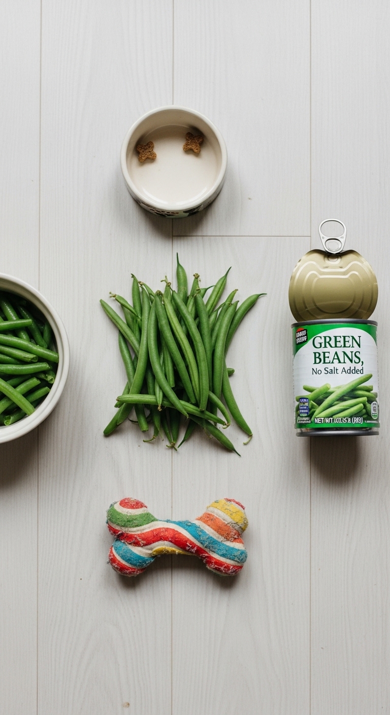 A can of green beans sits on a table next to a bowl of green beans.