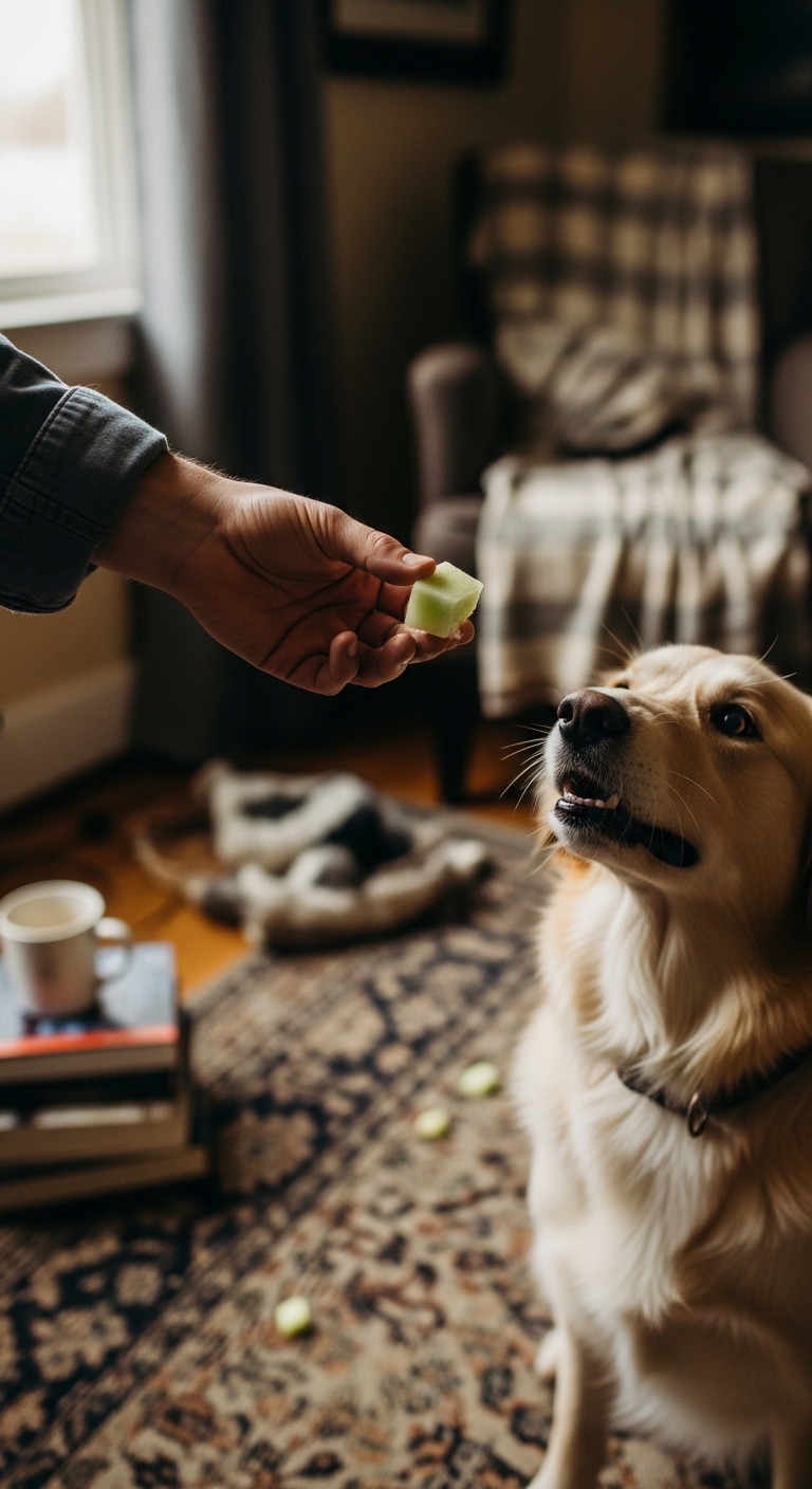 A person is feeding a dog a piece of honeydew.