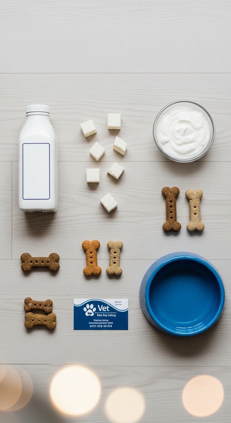 A table with a bowl of dog food and a bottle of milk.