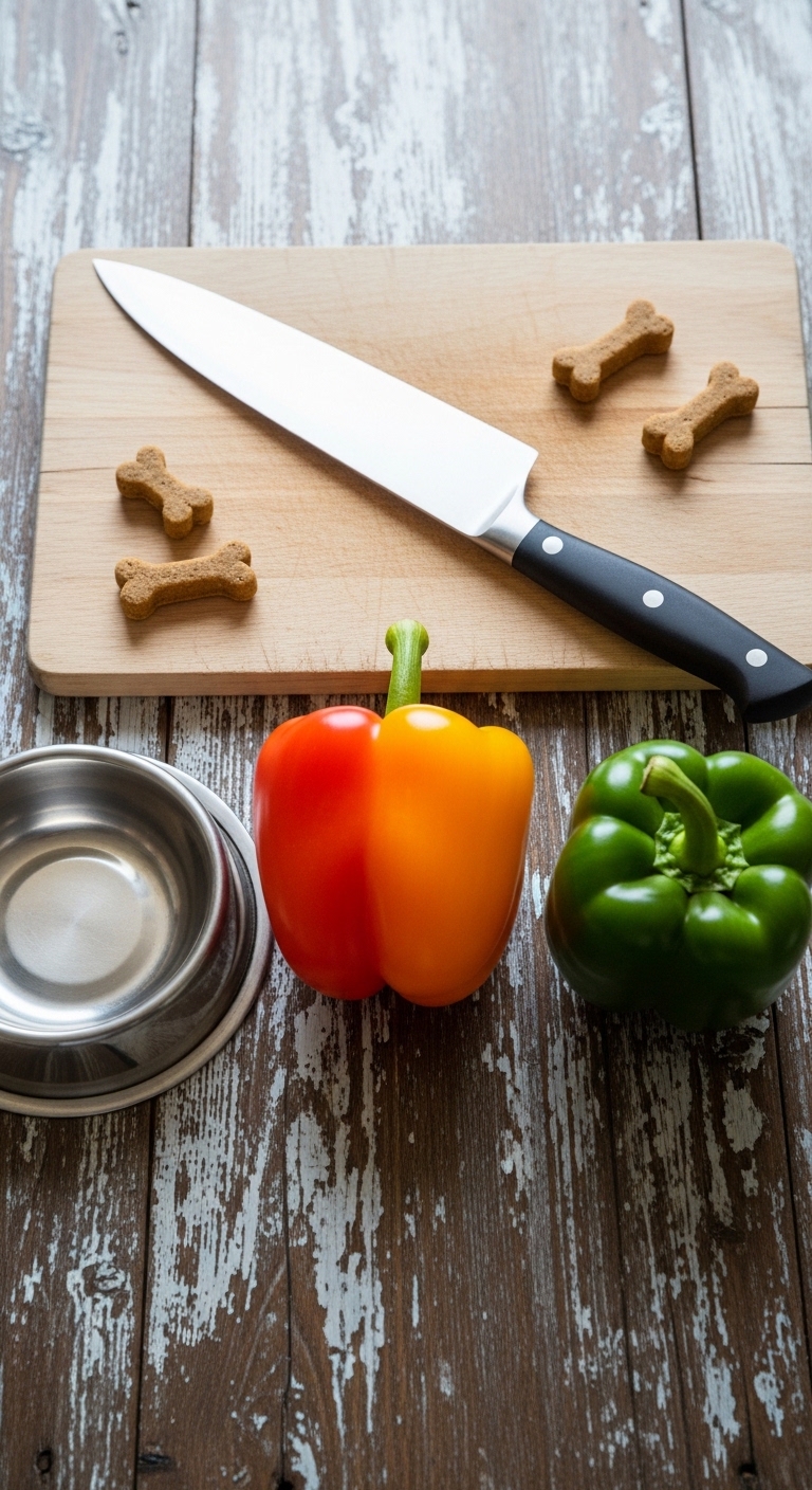 A knife and a pepper on a cutting board.