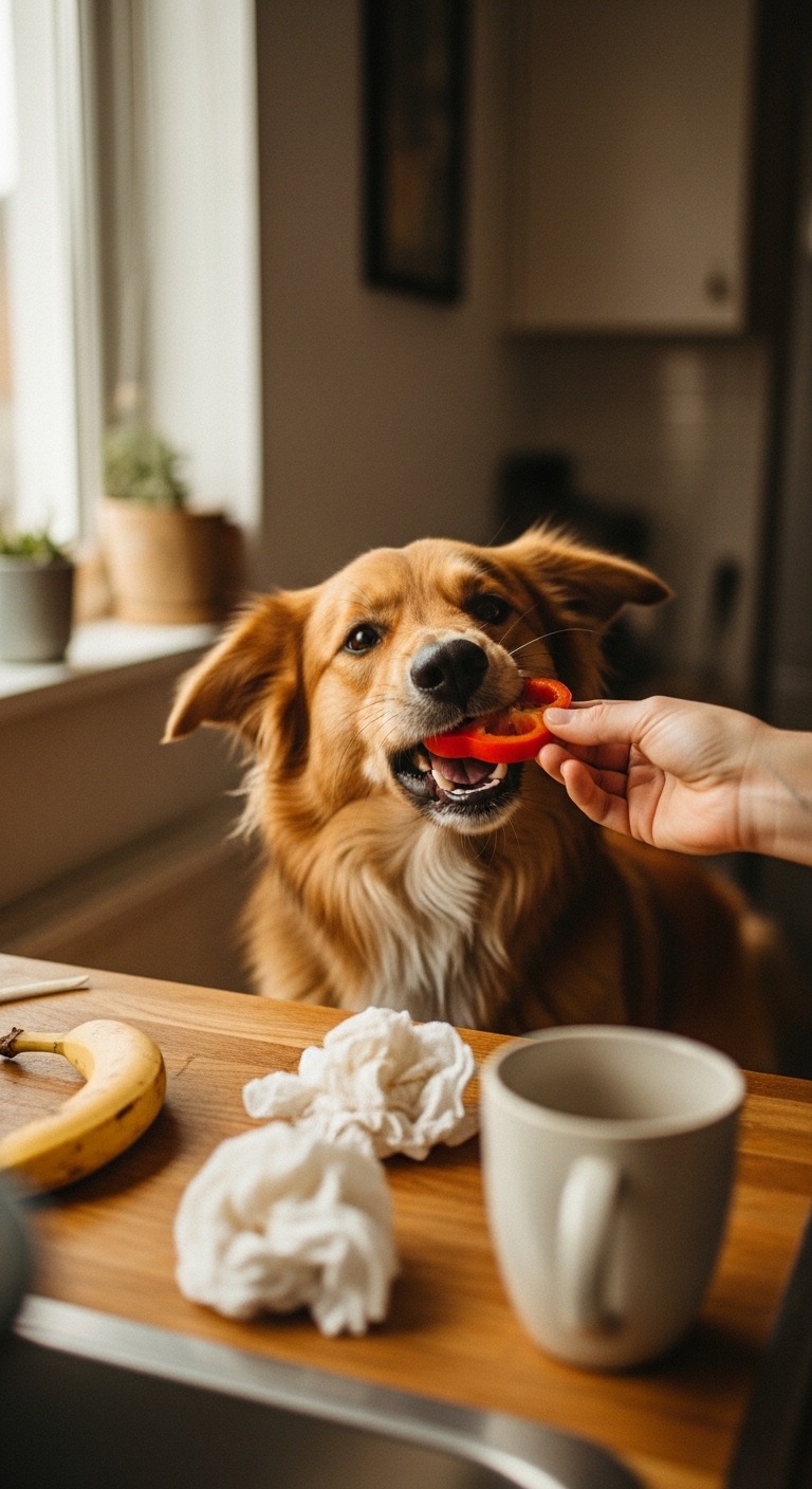 A dog eating a pepper.