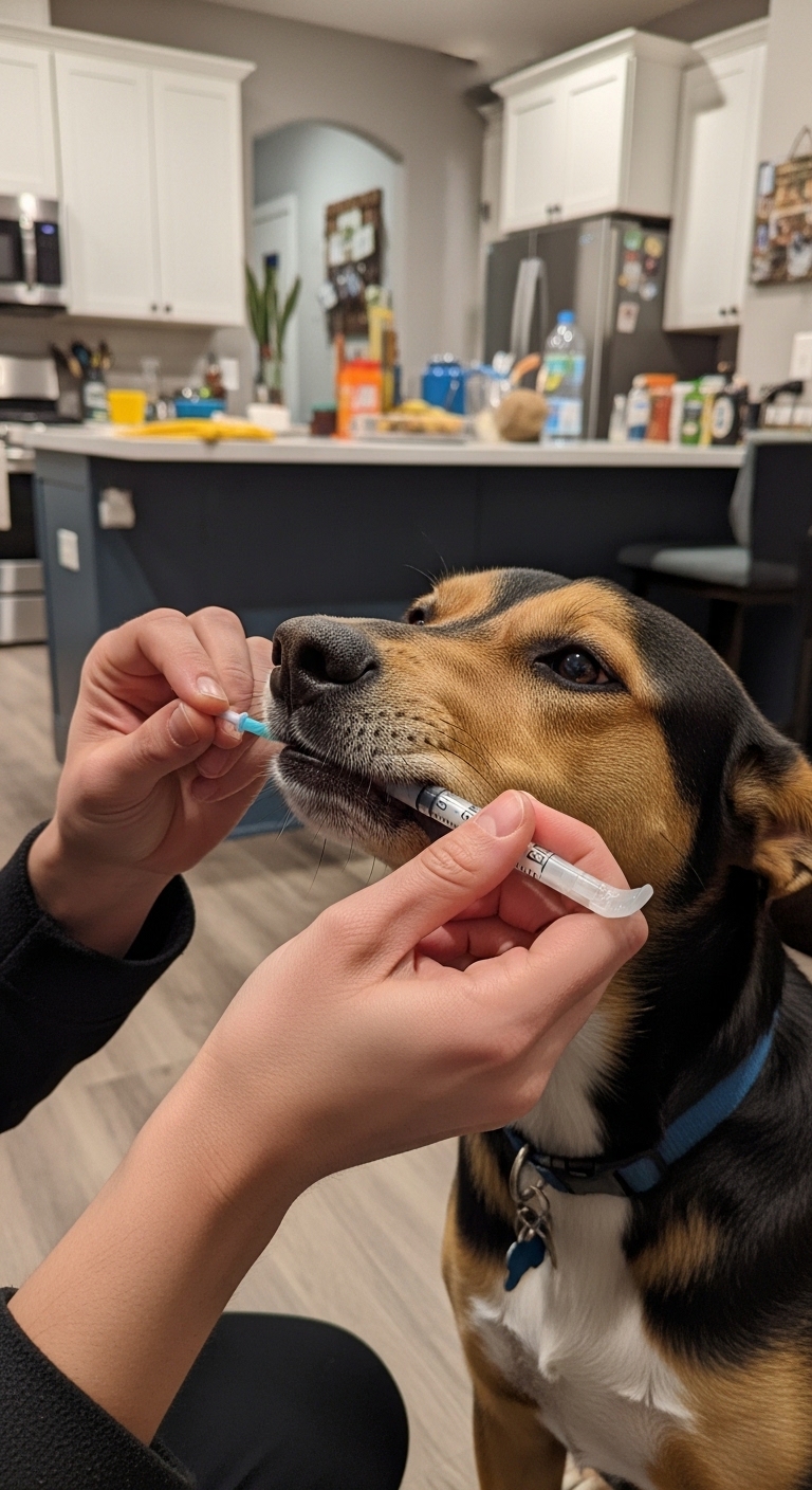 A dog is being given medication by a person.