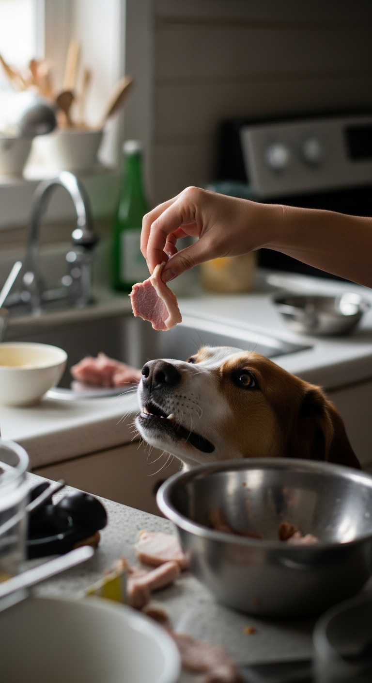 A dog is eating pork.