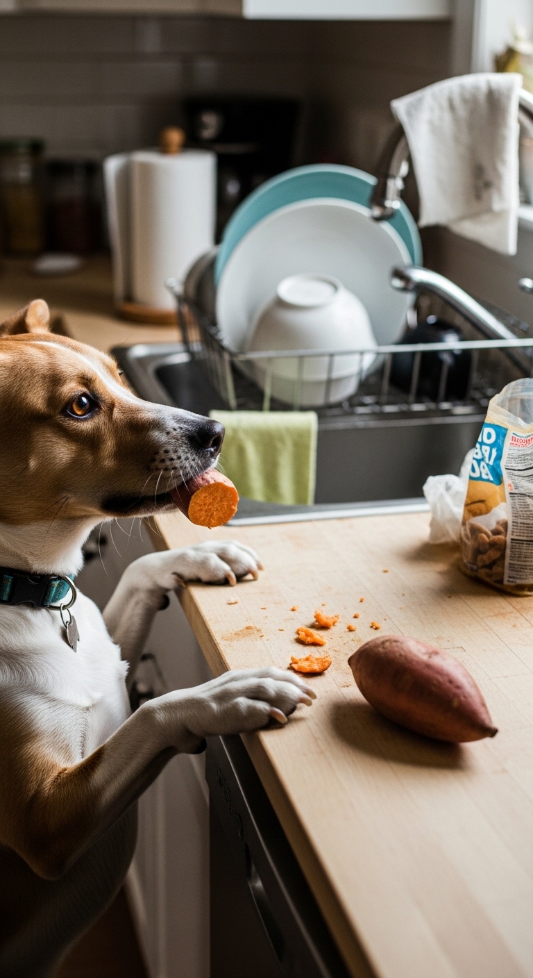 A dog eating a potato chip.