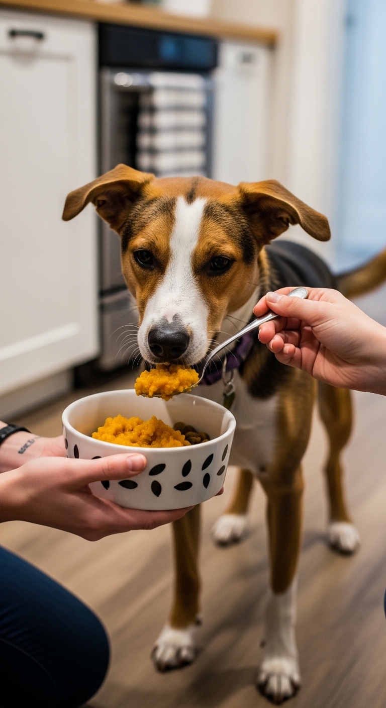 A dog eating pumpkin seeds from a bowl.