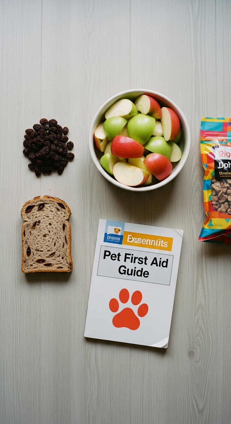 A bowl of apples and raisins next to a book about pet first aid.