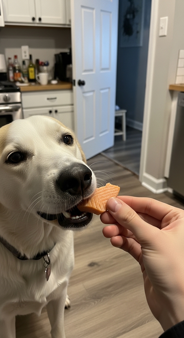 A dog is eating a piece of salmon.