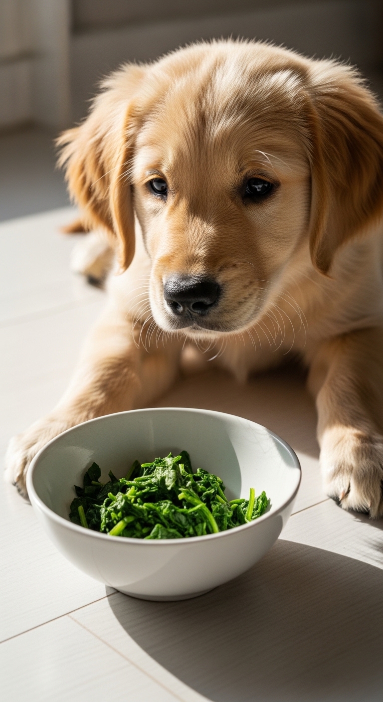 A dog is eating spinach from a bowl.