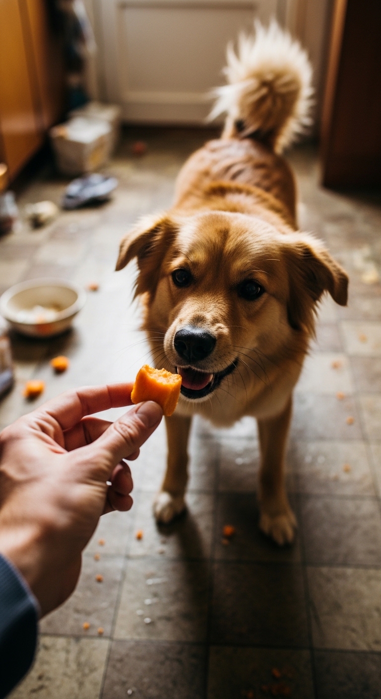 A dog eating a carrot.