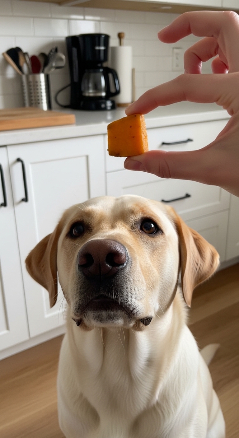 A dog is looking at a piece of food.