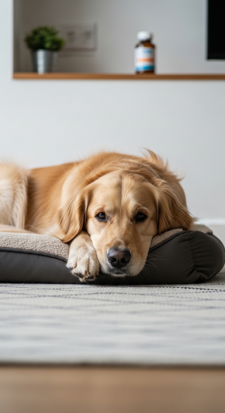 A dog laying on a bed.