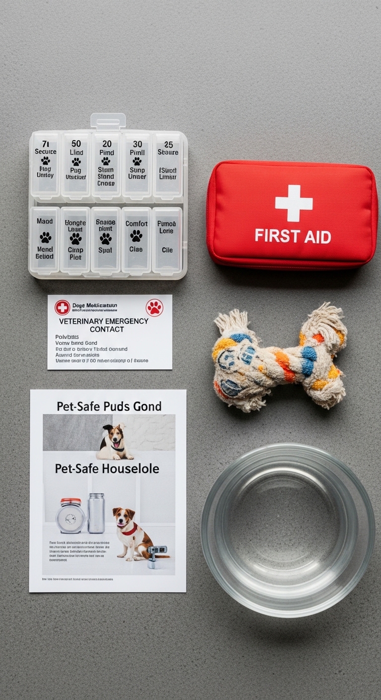 A dog's first aid kit with a red case and a canine first aid card.