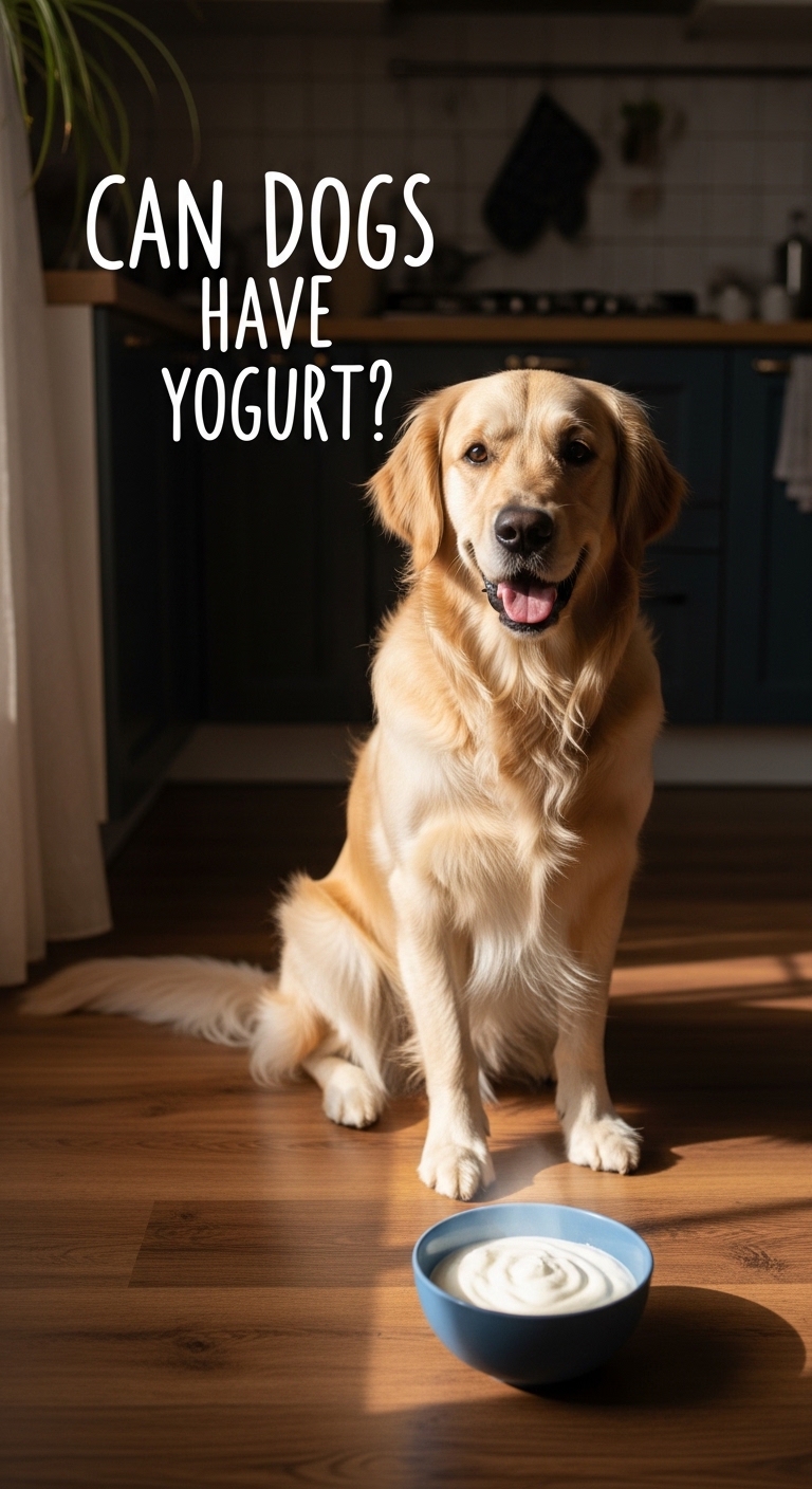 A dog sitting on the floor with a caption asking if dogs can have yogurt.