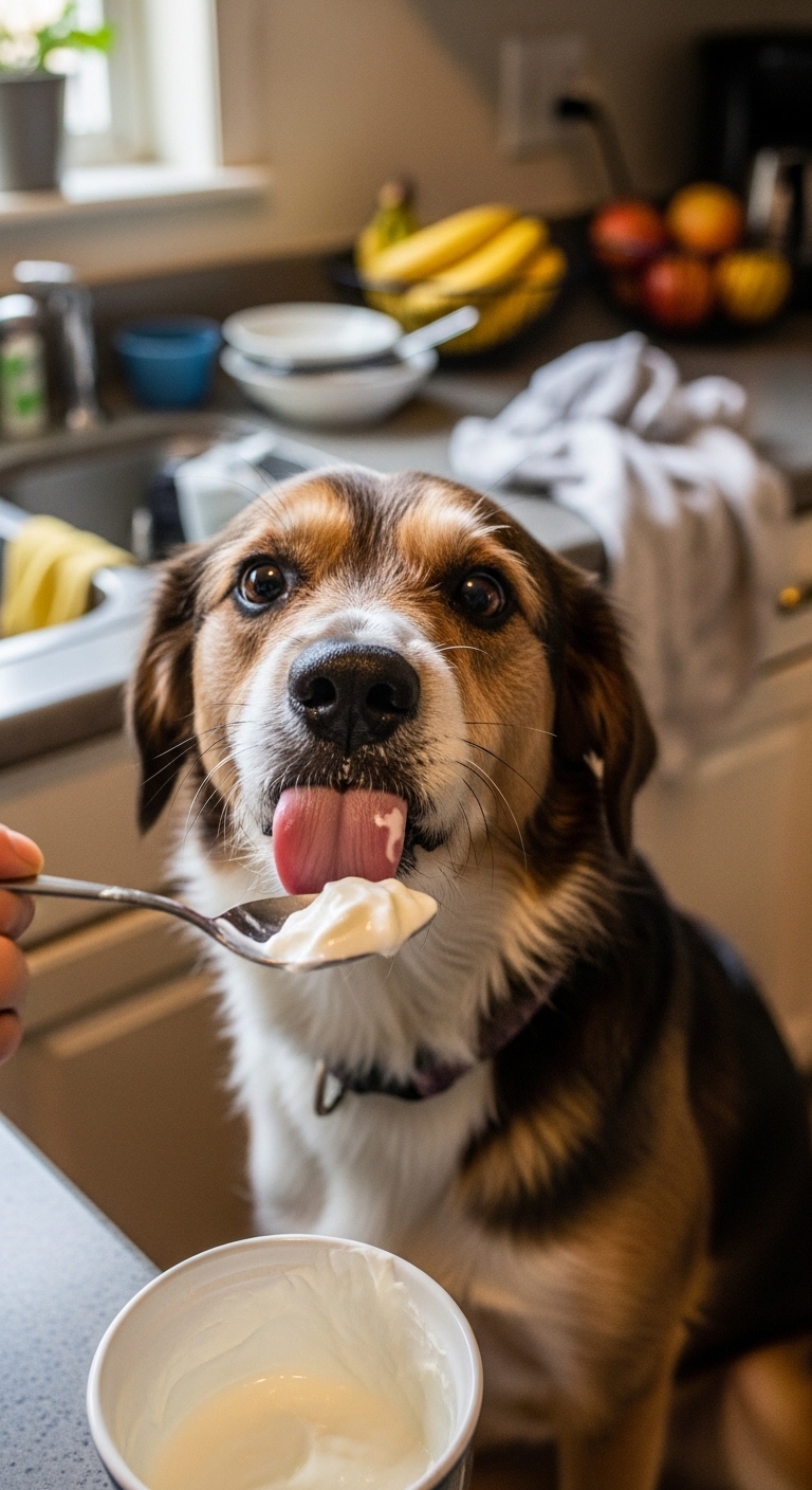 A dog eating yogurt from a spoon.