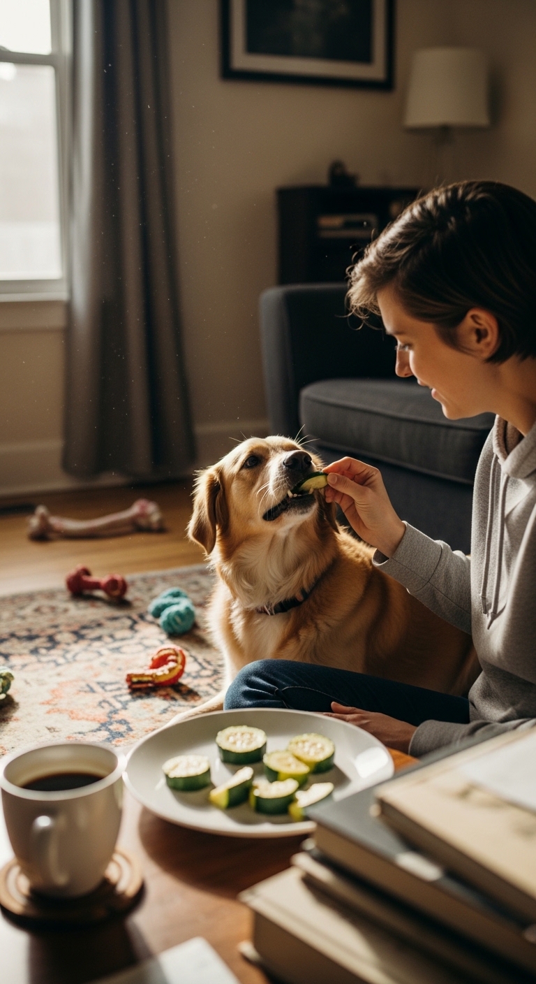 A woman is feeding a dog a slice of zucchini.