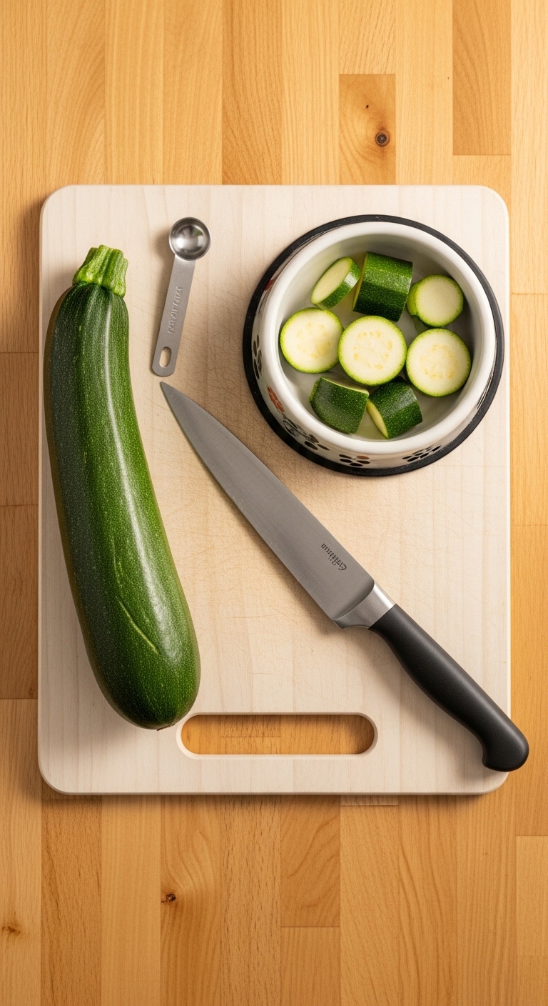 A knife and a zucchini on a cutting board.