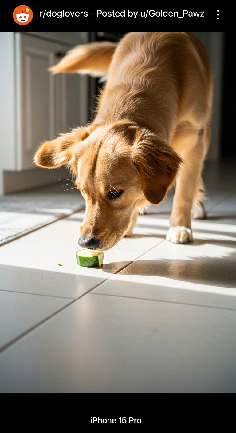 A dog eating a piece of zucchini.