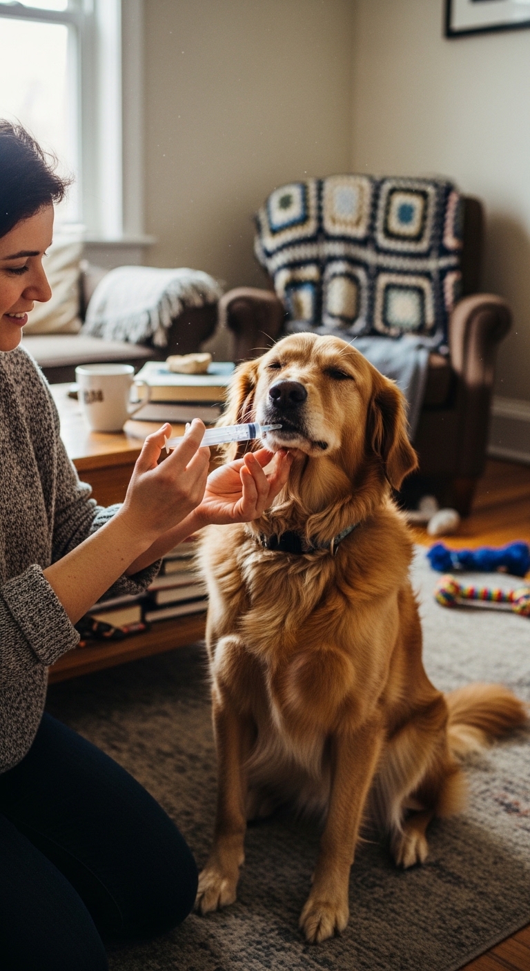 A woman is brushing a dog's teeth with a toothbrush.