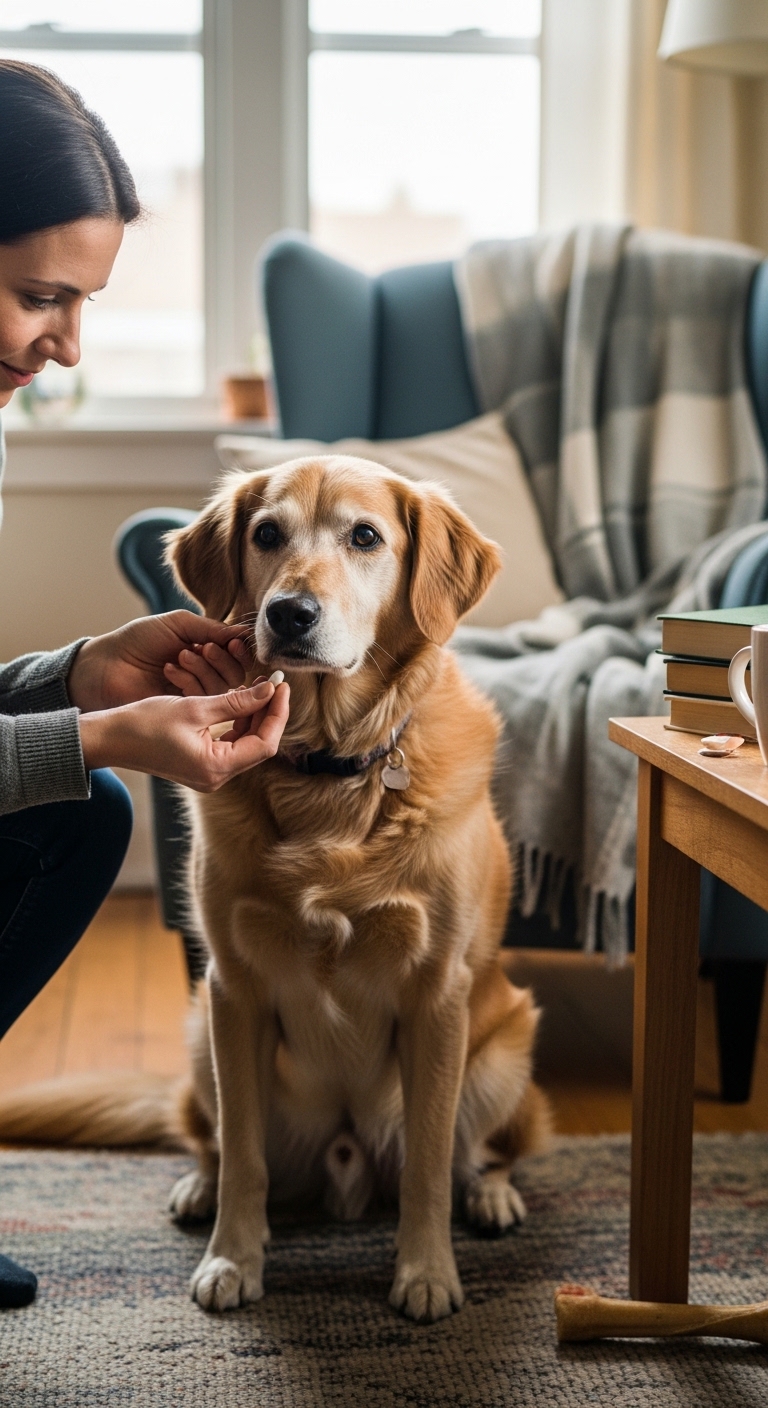 A woman is petting a dog that is wearing a collar.