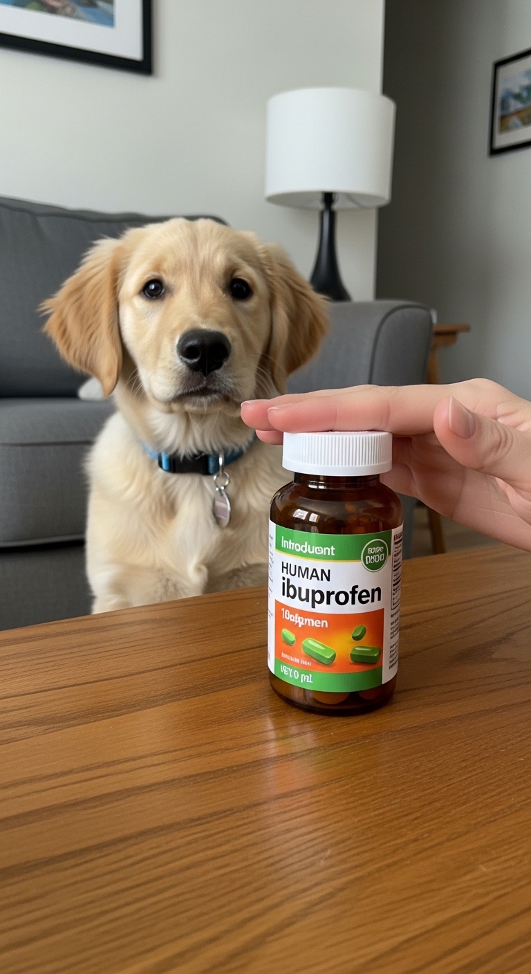A person holding a bottle of ibuprofen in front of a dog.