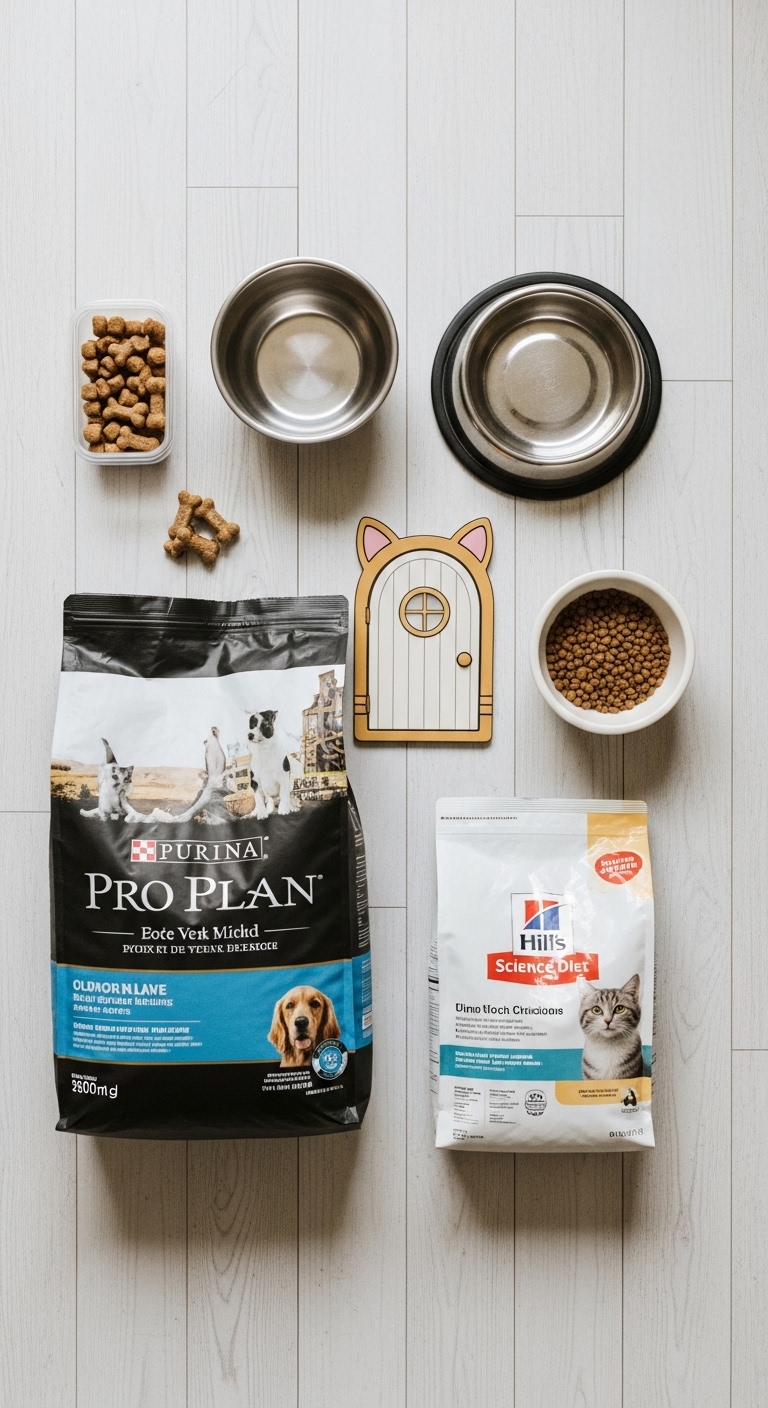 A bag of dog food and a bag of cat food are on a table.
