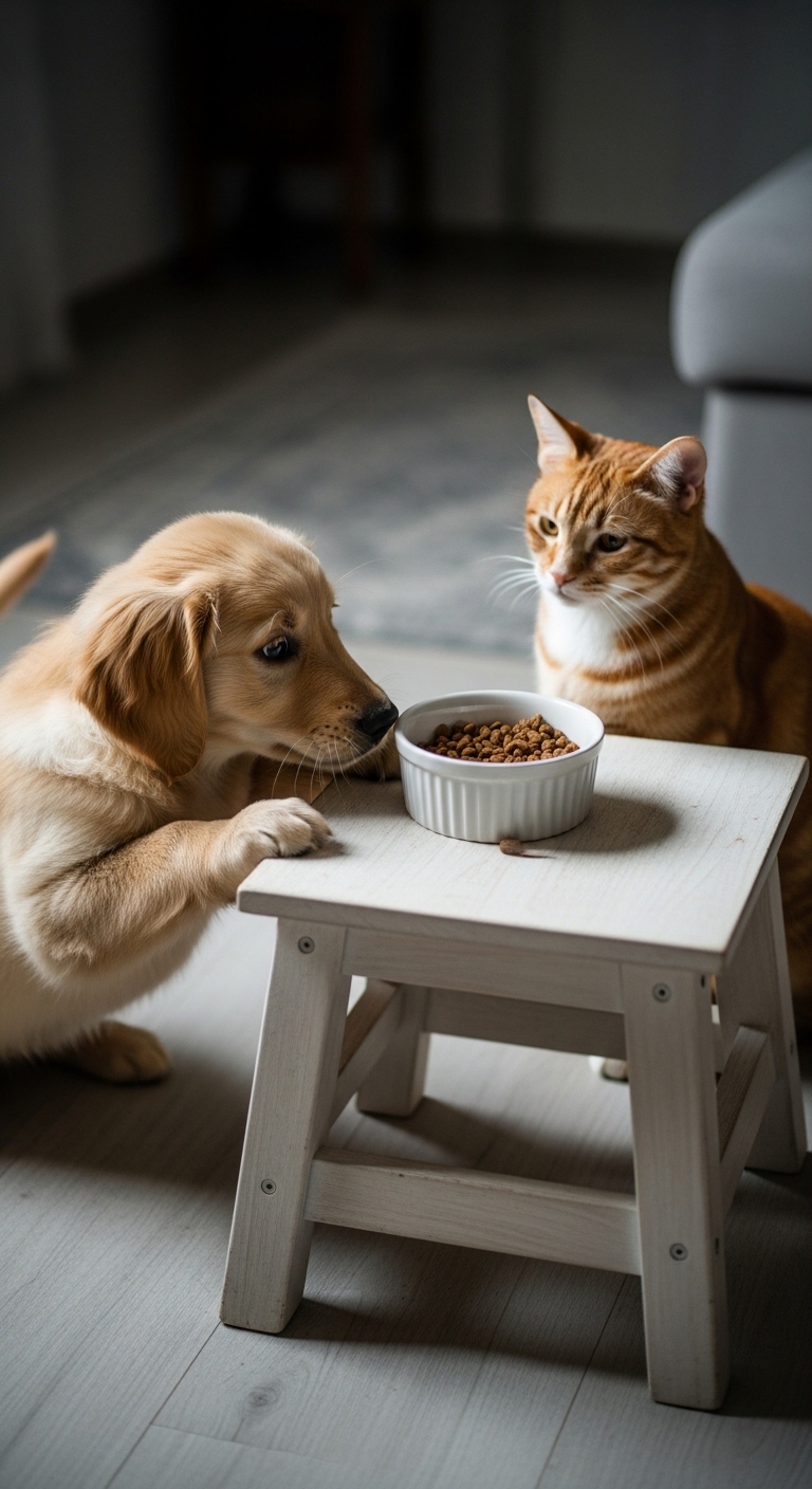 A dog and a cat are sitting at a table, with the dog eating from a bowl of dog food.