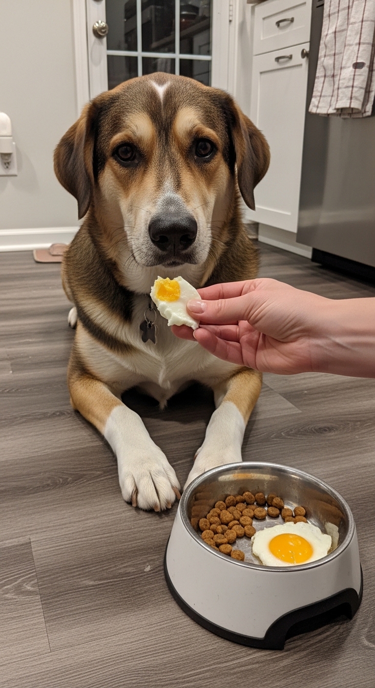 A dog is eating an egg from a person's hand.