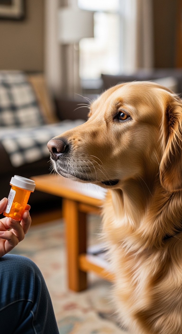 A person is giving a dog a pill.
