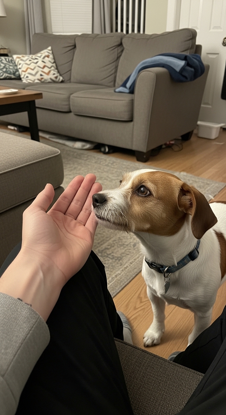 A dog with a blue collar is looking up at a person's hand.
