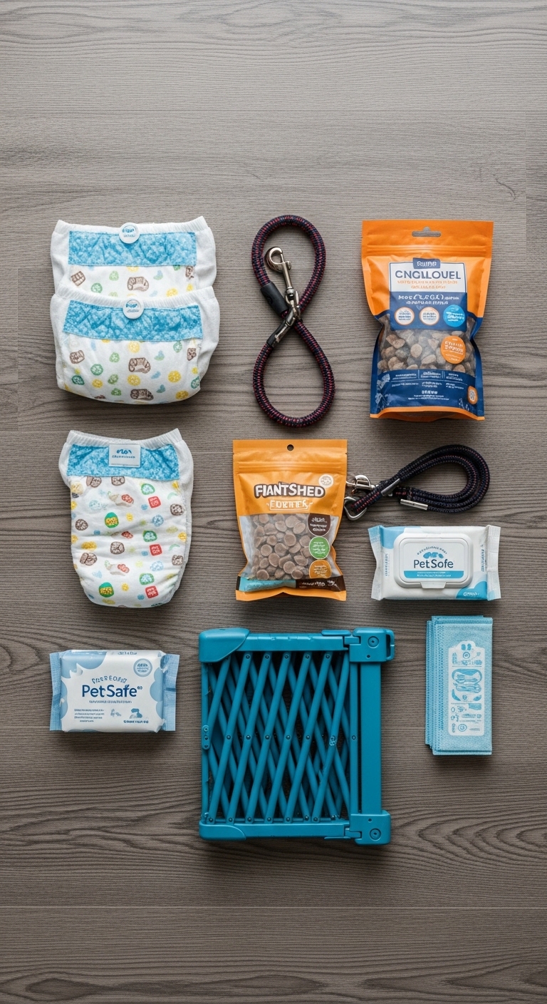 A collection of baby supplies and dog food.