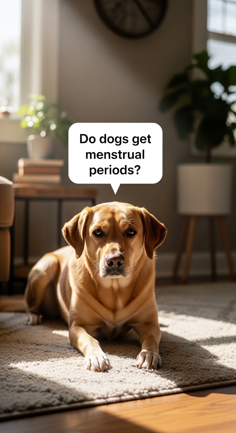 A dog sitting on the floor with a caption that says "Do dogs get menstrual periods?