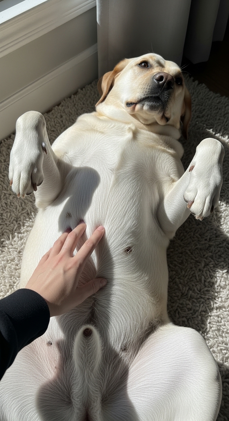A dog with a belly button.