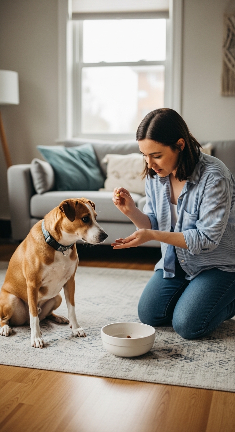 A woman feeds a dog from a bowl.