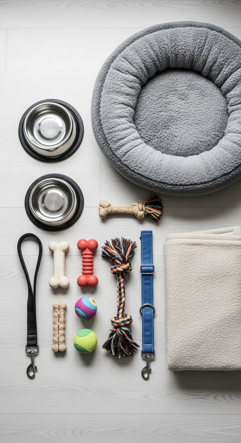 A collection of dog toys and a cat bed.
