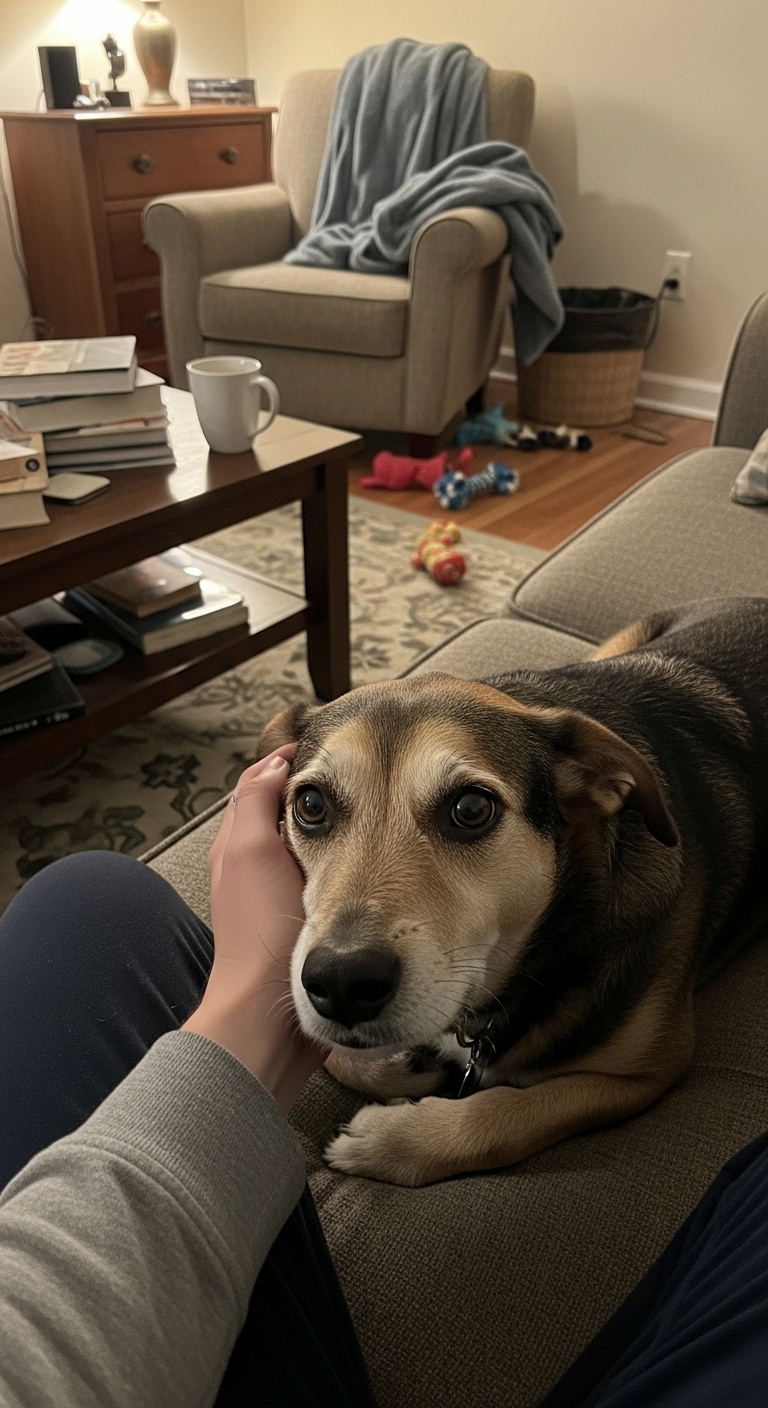 A dog with a collar on its head.