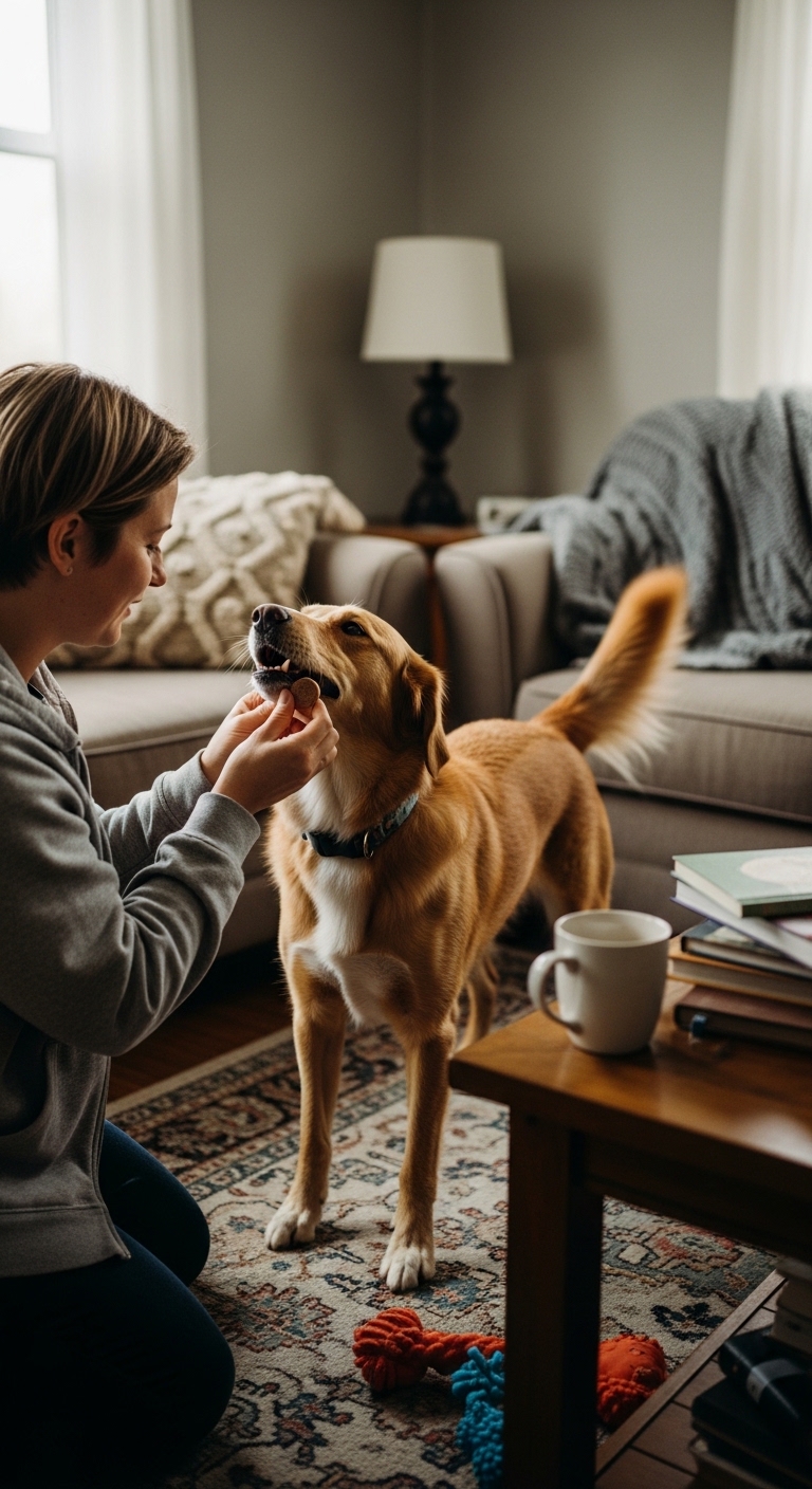A woman is petting a dog while holding a toothbrush.