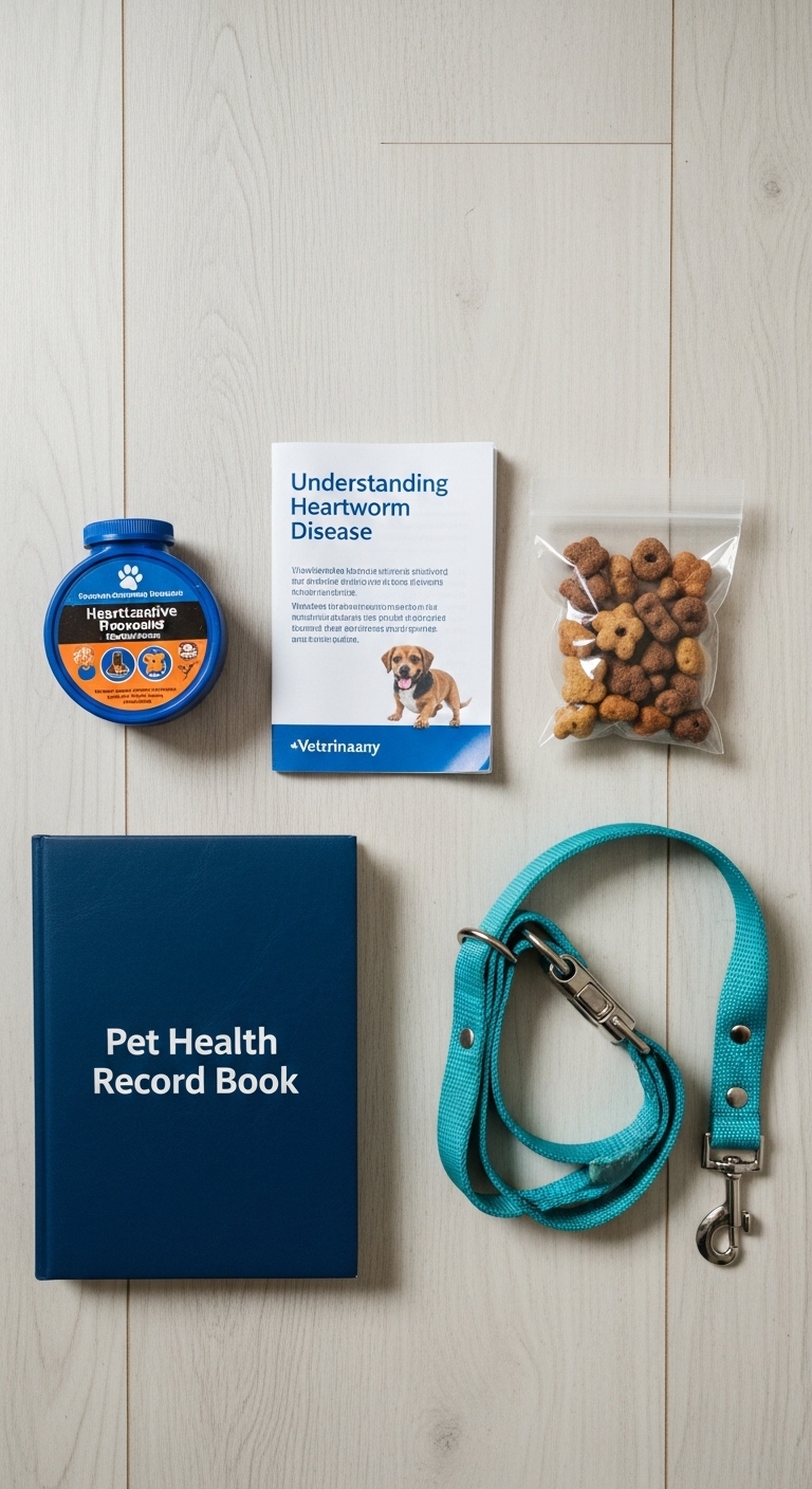 A book about heartworms sits next to a bottle of heartworm medication.