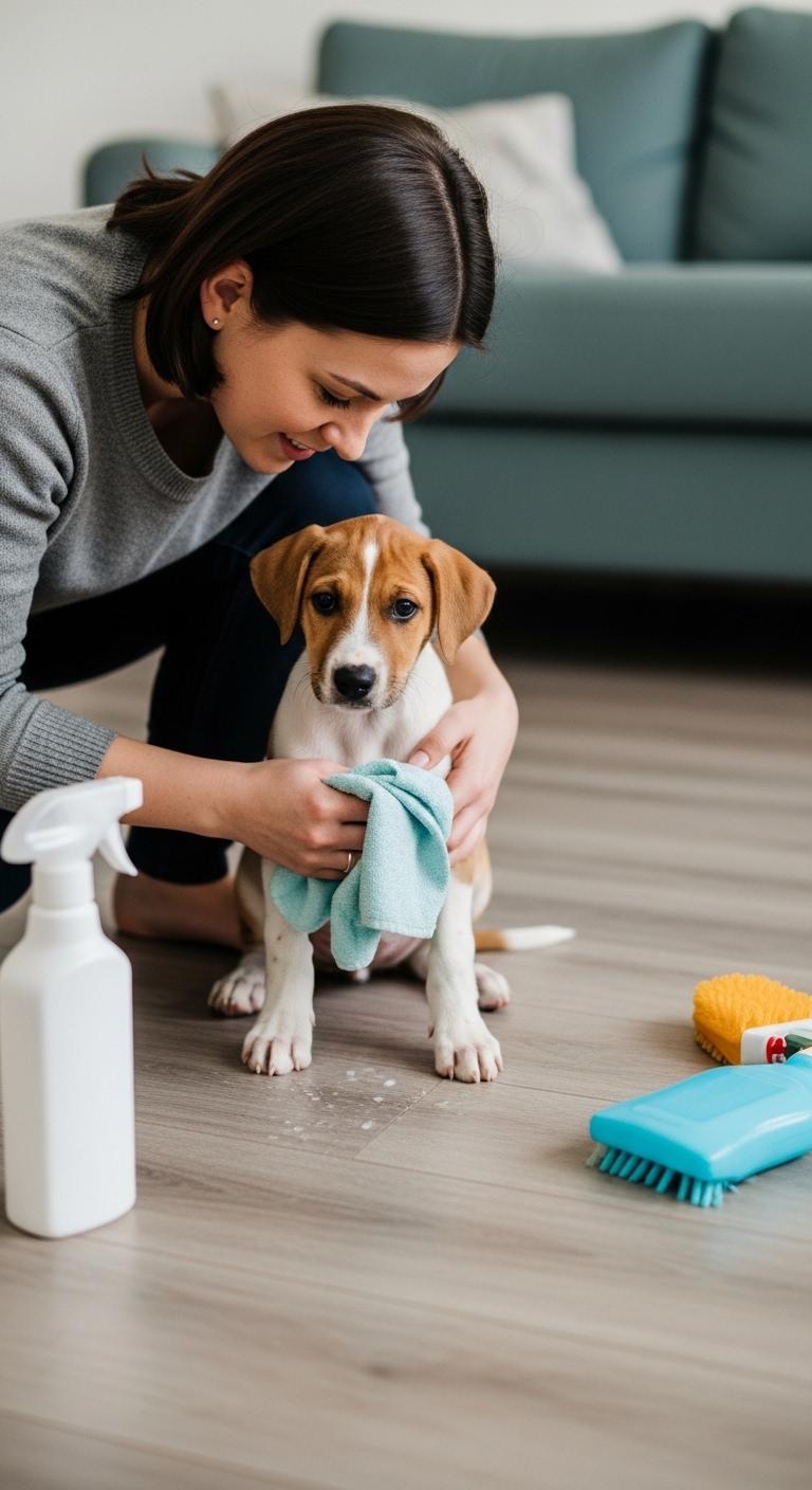 A woman is cleaning a dog with a towel.