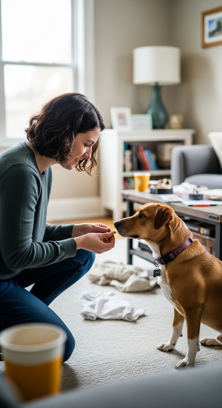 A woman is feeding a dog.