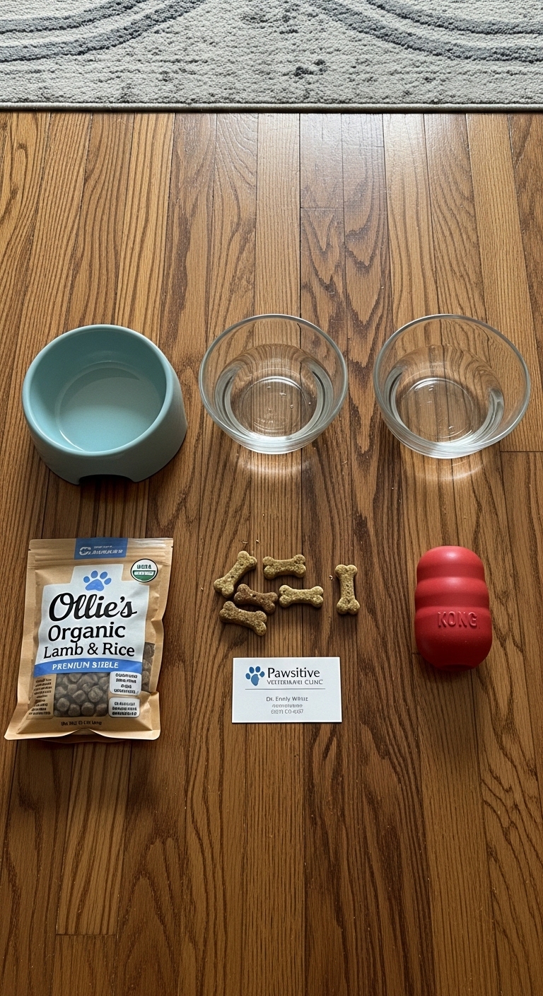 A dog bowl and a bag of dog food on a table.