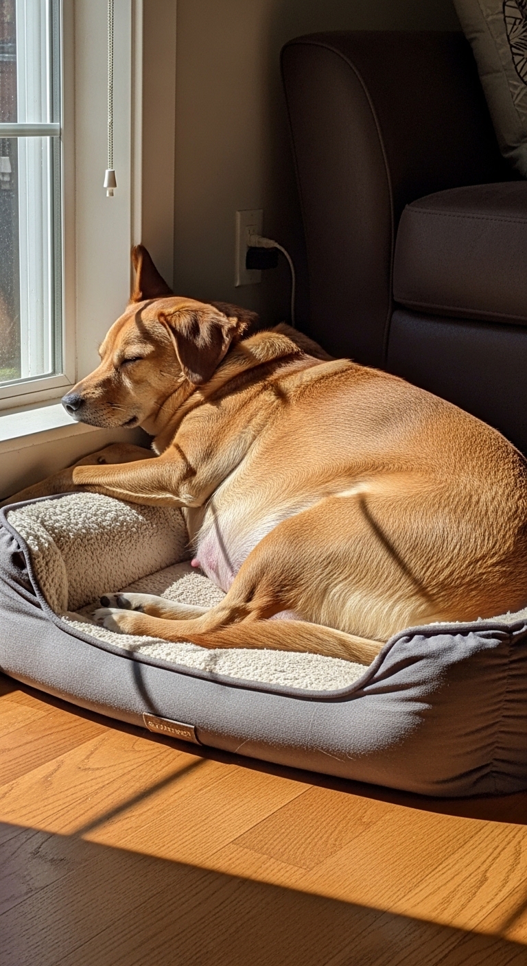 A large brown dog is laying on a bed.