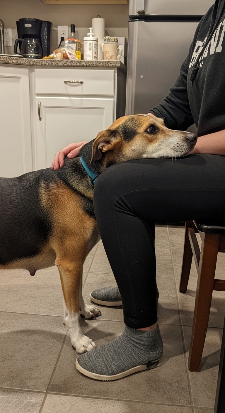 A dog is resting its head on a person's leg.
