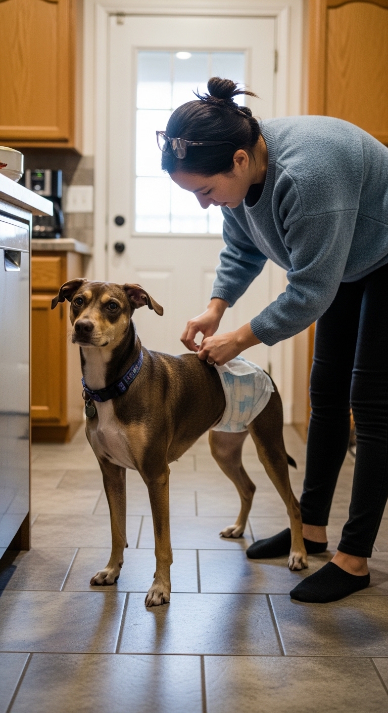 A dog wearing a diaper.
